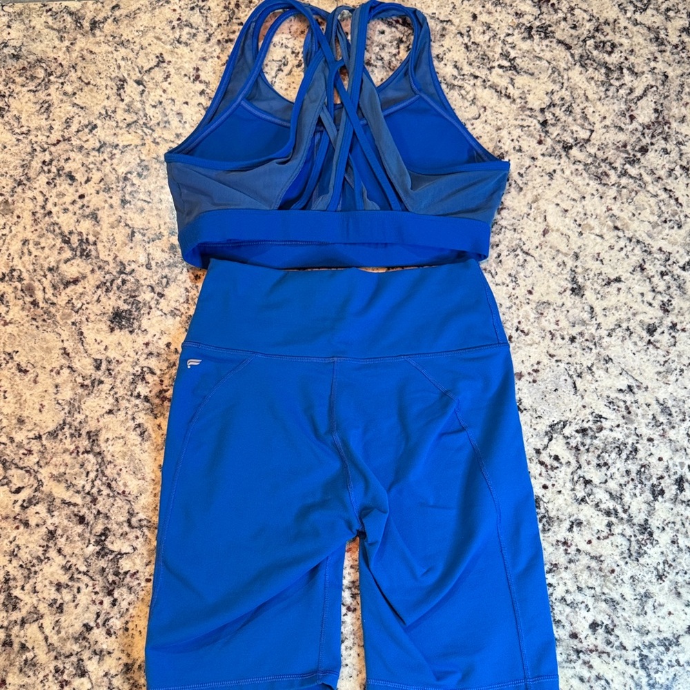 Fabletics Royal Blue Strappy Sports Bra and Biker Shorts Set Small